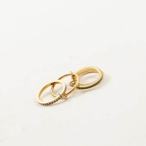 四環 組合戒指 周圈白鋯石 綠鋯石 鈦鋼電鍍18k金