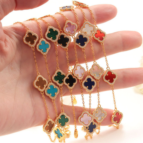 新品S925純銀手鏈女幸運四葉草白貝母綠松石黑瑪瑙高級感精緻手鏈