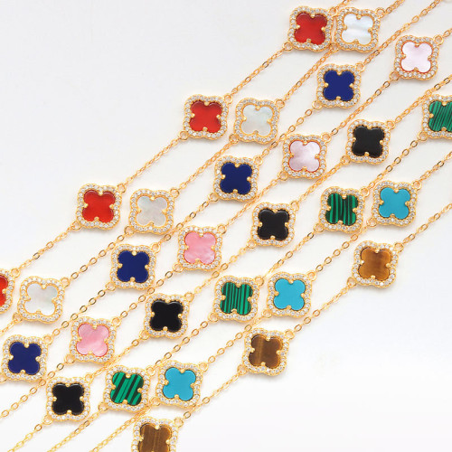 新品S925純銀手鏈女幸運四葉草白貝母綠松石黑瑪瑙高級感精緻手鏈