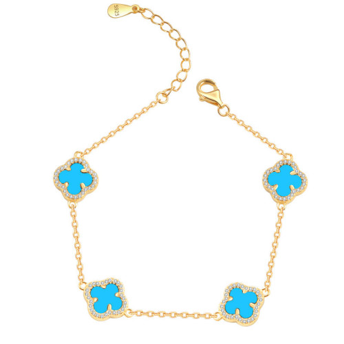 新品S925純銀手鏈女幸運四葉草白貝母綠松石黑瑪瑙高級感精緻手鏈