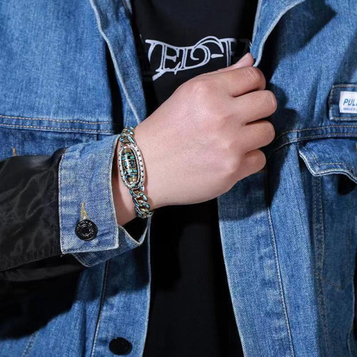 翔栩高檔綠松石六字真言九眼天珠手鏈男士轉運潮人個性女銀手鏈