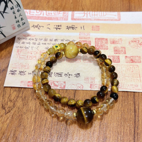 天然水晶手鏈diy手工圓黃塔晶珠天然虎眼水晶手串爆款飾品批