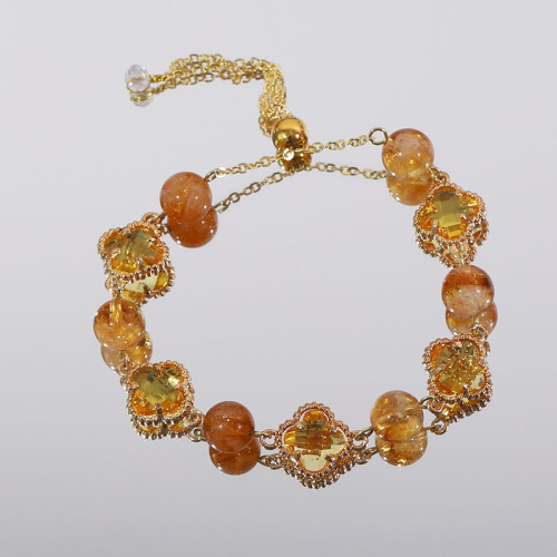 原創天然紫水晶黃水晶水晶四葉草合金手鏈串珠女手飾輕奢時尚