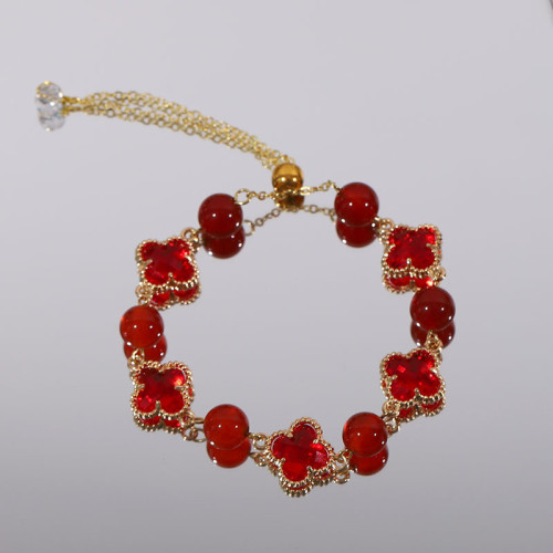 原創天然紫水晶黃水晶水晶四葉草合金手鏈串珠女手飾輕奢時尚