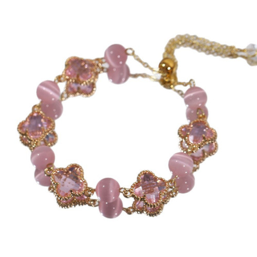 原創天然紫水晶黃水晶水晶四葉草合金手鏈串珠女手飾輕奢時尚