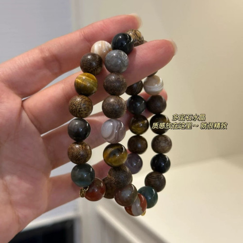 新中式曡戴多寶石天然石手鏈沉香米粒小貓眼手串自帶香氣明星同款