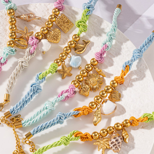 泰娜歐美不鏽鋼手鏈輕奢高級感沙灘風貝殼花朵海螺編織手鏈女飾品