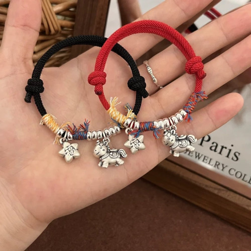 999足銀招財馬手鏈本命年紅繩手飾編織男女手繩簡約時尚銀手飾禮