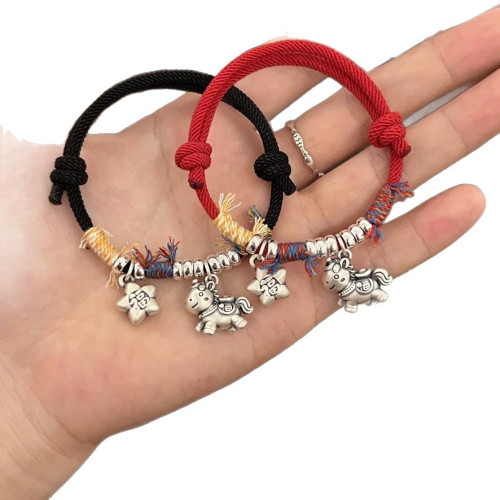 999足銀招財馬手鏈本命年紅繩手飾編織男女手繩簡約時尚銀手飾禮