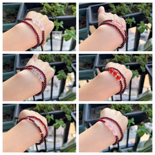天然酒紅真石榴石手鏈女草莓晶轉運珠手飾女多圈三圈水晶手串