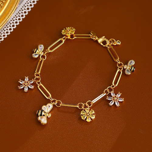 真金電鍍可愛蜜蜂花朵金色鋯石手鏈輕奢高級感女歐美18K手飾精緻