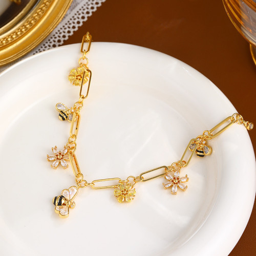 真金電鍍可愛蜜蜂花朵金色鋯石手鏈輕奢高級感女歐美18K手飾精緻