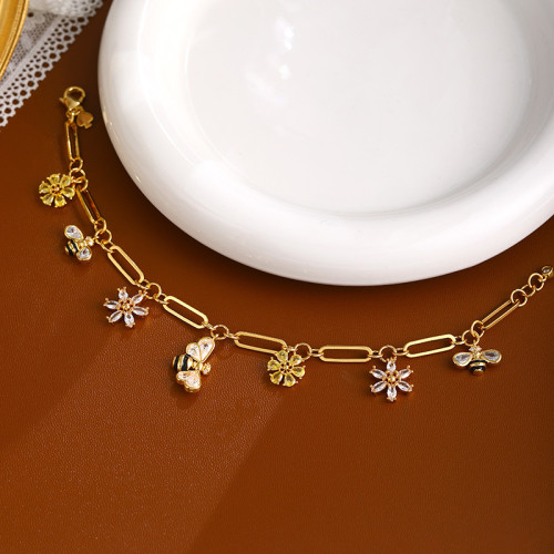 真金電鍍可愛蜜蜂花朵金色鋯石手鏈輕奢高級感女歐美18K手飾精緻