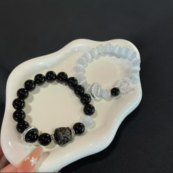 風禾珠寶情人節禮物天然銀曜石黑曜石貓眼石醒獅情侶手鏈一對生日