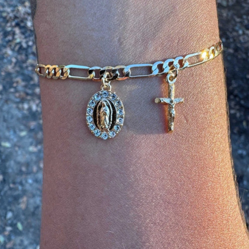 新歐美銅鍍14K包金復古個性簡約聖母瑪利亞吊墜手鏈 宗教飾品