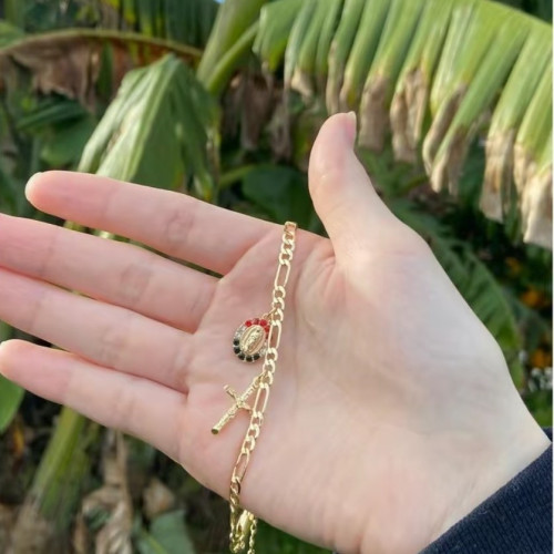 新歐美銅鍍14K包金復古個性簡約聖母瑪利亞吊墜手鏈 宗教飾品