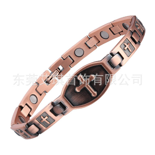 紅銅手鏈復古時尚男款十字架磁療健康磁石手鏈純銅手鏈