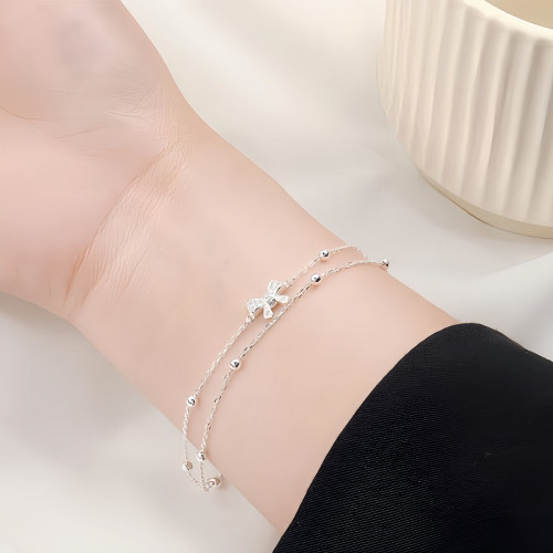 S925純銀雙層女士蝴蝶結手鏈女款小衆ins高級感女生精緻氣質禮物