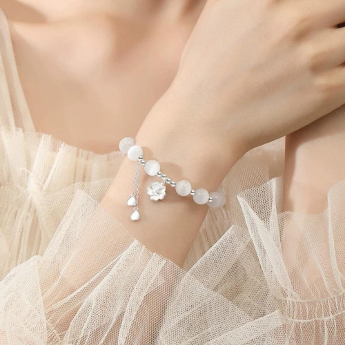 銀貝貓眼石櫻花手鏈甜美簡約珠子設計精緻串珠森系花朵百搭手飾