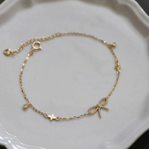 S925純銀鍍14K金麻花蝴蝶結手鏈女 四葉草簡約文藝氣質ins風手飾