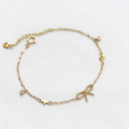 S925純銀鍍14K金麻花蝴蝶結手鏈女 四葉草簡約文藝氣質ins風手飾