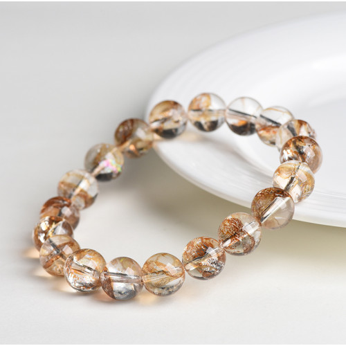 月嶼白水晶手鏈金箔錦鯉膠花亮閃片手鏈錦鯉膠花圓珠手串