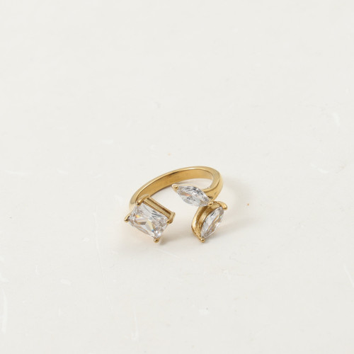 三種鋯石 拼接 戒指 鈦鋼電鍍18k金