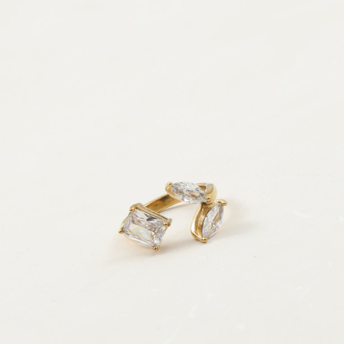 三種鋯石 拼接 戒指 鈦鋼電鍍18k金