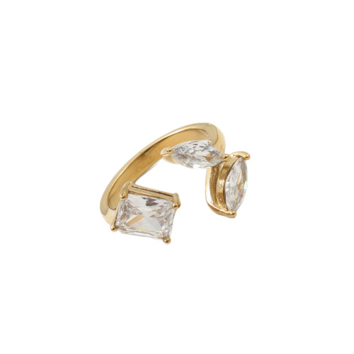 三種鋯石 拼接 戒指 鈦鋼電鍍18k金