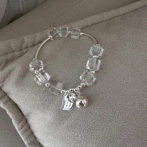 韓版S925純銀小衆設計感天然白水晶方牌手鏈時尚INS風彈力繩手飾