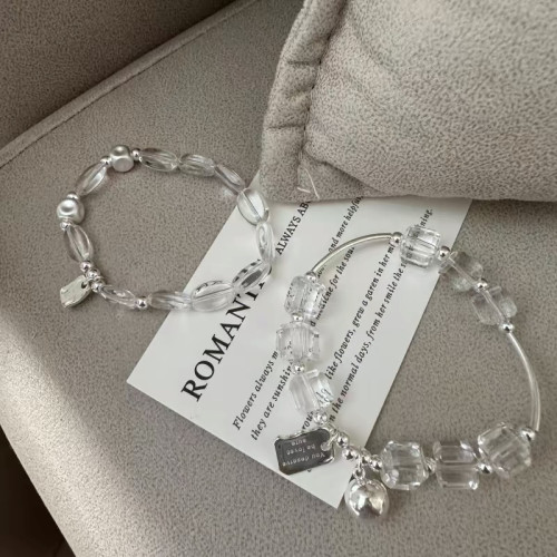 韓版S925純銀小衆設計感天然白水晶方牌手鏈時尚INS風彈力繩手飾