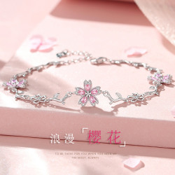 原創S925純銀櫻花手鏈女時尚粉色花朵手飾輕奢小衆設計得物風禮物