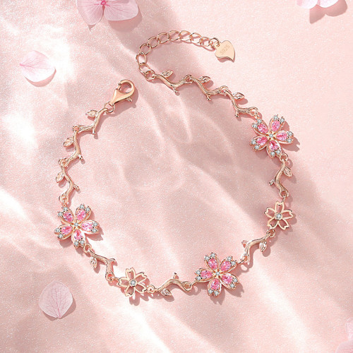 原創S925純銀櫻花手鏈女時尚粉色花朵手飾輕奢小衆設計得物風禮物