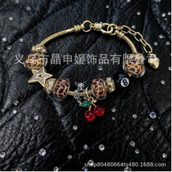 潘家手鏈 爆款DIY串珠手鐲銅鑲鋯豹紋愛心吊墜黑八時尚首飾品