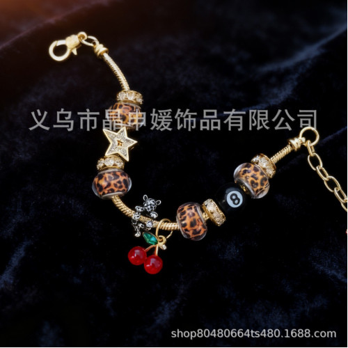 潘家手鏈 爆款DIY串珠手鐲銅鑲鋯豹紋愛心吊墜黑八時尚首飾品