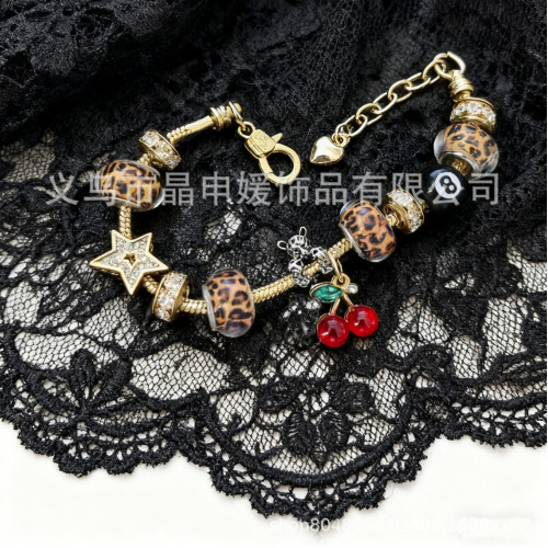 潘家手鏈 爆款DIY串珠手鐲銅鑲鋯豹紋愛心吊墜黑八時尚首飾品