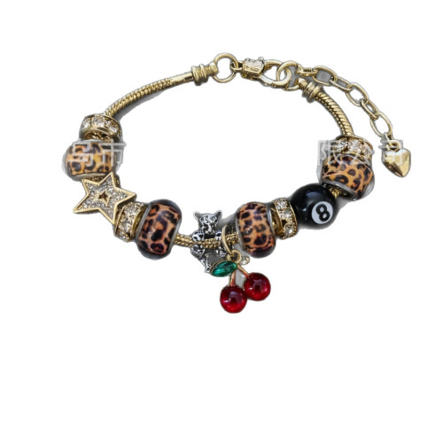 潘家手鏈 爆款DIY串珠手鐲銅鑲鋯豹紋愛心吊墜黑八時尚首飾品