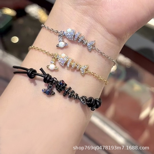 銀升祥西太後24新款滿鑽靈動魚骨土星小魚手鏈  新款高級感手環