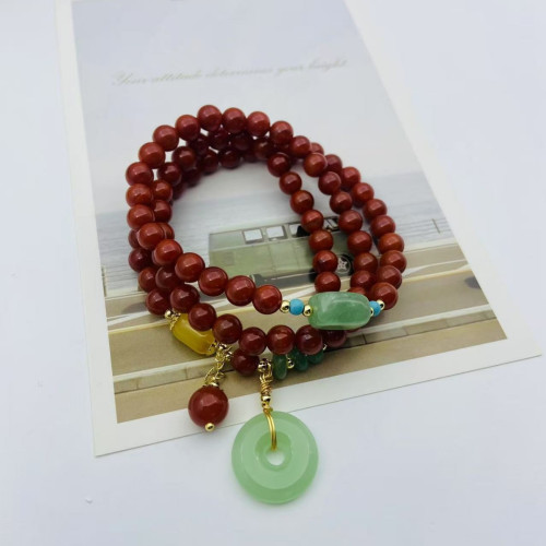 天然南紅瑪瑙多層手鏈女復古民族風翡翠平安釦吊墜手串網紅手環潮