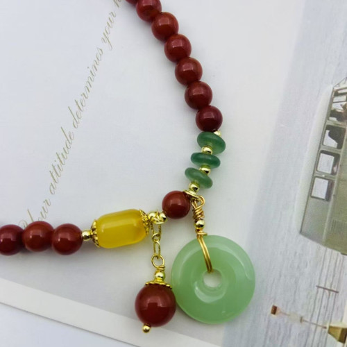 天然南紅瑪瑙多層手鏈女復古民族風翡翠平安釦吊墜手串網紅手環潮