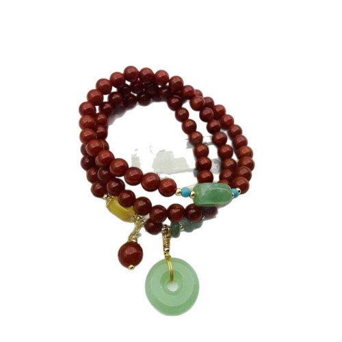 天然南紅瑪瑙多層手鏈女復古民族風翡翠平安釦吊墜手串網紅手環潮