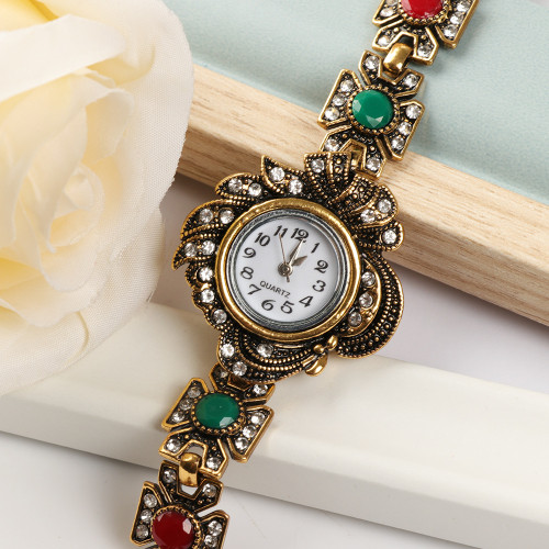 復古民族風飾品宮廷式高檔優雅手鏈帶手錶鑲鑽樹脂寶石義烏電子表