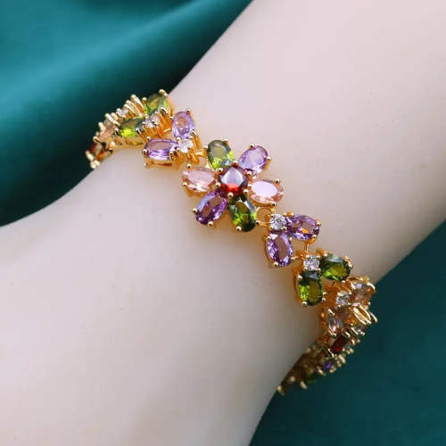 浪漫花朵設計彩色重工鋯石手鏈歐美時尚精緻手環小衆設計感爆