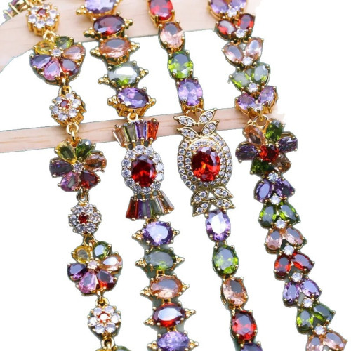 浪漫花朵設計彩色重工鋯石手鏈歐美時尚精緻手環小衆設計感爆