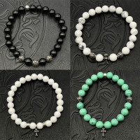 潮款飾品黑曜石8mm手串男女士手飾串珠十字架泰銀復古不掉色龐克