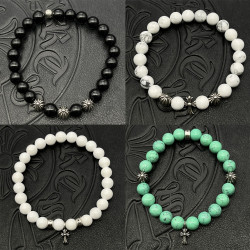 潮款飾品黑曜石8mm手串男女士手飾串珠十字架泰銀復古不掉色龐克