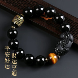 烏金天然黑曜石貔貅招財手串男士串珠轉運珠配珠本命年金曜石手串