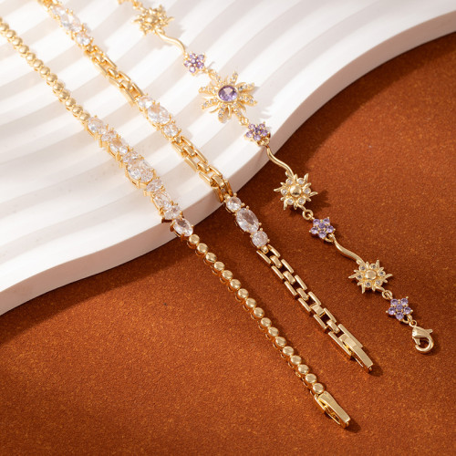 山茶新品薔薇粉寶石花朵幾何設計璀璨手鏈 鍍金滿鑽爆閃彩寶手飾