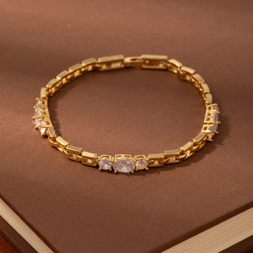 山茶新品薔薇粉寶石花朵幾何設計璀璨手鏈 鍍金滿鑽爆閃彩寶手飾