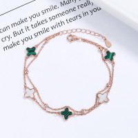 925純銀五花四葉草雙層手鏈女小衆ing輕奢白貝母黑瑪瑙閨蜜手飾品